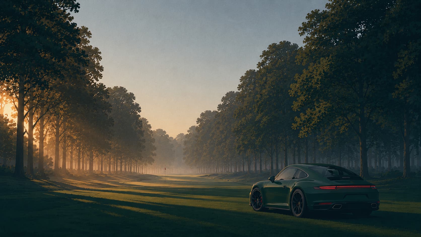 A car on a tree-lined fairway at dusk
