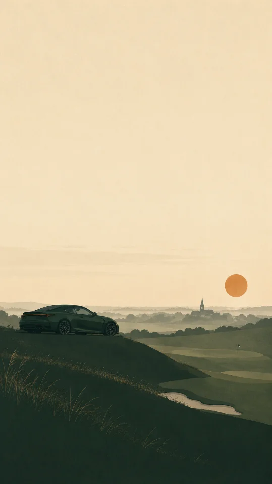 A car parked above the course at golden hour, the village beyond