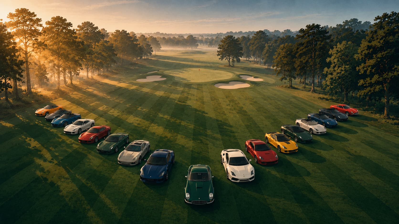 A car on a tree-lined fairway at dusk